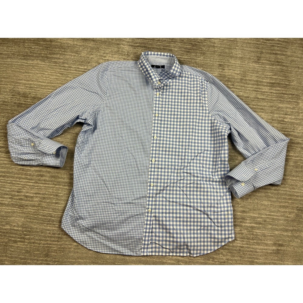 C.S. Button Down Shirt Mens L Blue Gingham Mixed Scale Pattern Long Sleeve Slim